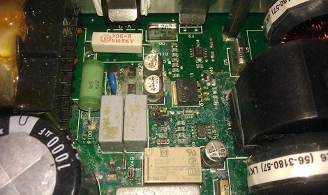Buffer solution on circuit boards can have catastrophic results, as seen here. This unit required a new motherboard. In many cases, however, if discovered early enough, the boards can be repaired and kept in service, saving thousands of dollars.